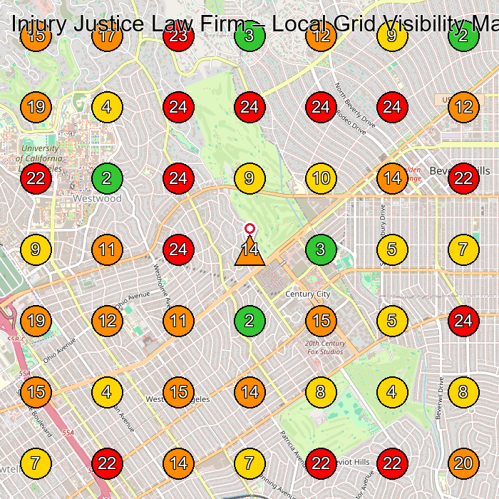 Injury Justice Law Firm Personal Injury Attorney GeoGrid ranking map for Los Angeles CA